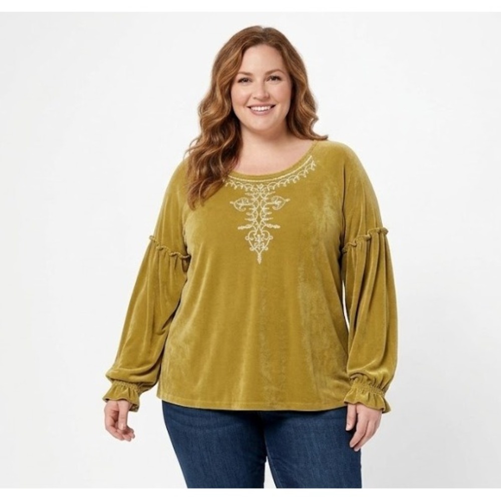 New Citiknits size 2X Yellow/Green Slinky Knit Embroidered‎ Boho Stretch Blouse